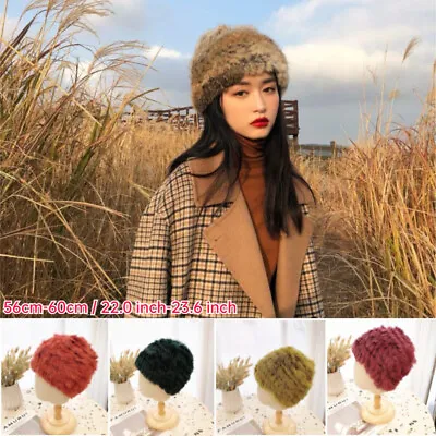 Women Real Rabbit Fur Hat Russian Cossack Cap Beanie Knit Elastic Ushanka Warm • $15.19