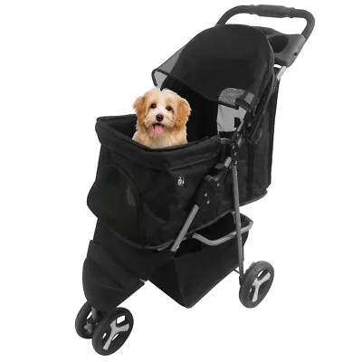 3 Wheels Pet Stroller Foldable Dog Stroller Cart Cat Carrier W/Cup Holder Black • $42.59