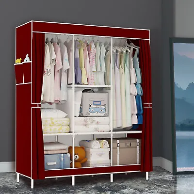 Fabric Canvas Wardrobe W/Hanging Rail Shelving Clothes Storage Cupboard Cover UK • £17.99