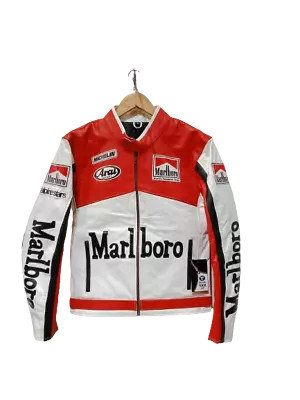 Vintage Inspired Marlboro Motorbike Racer Fashion Red & White Leather Jacket • $64.99