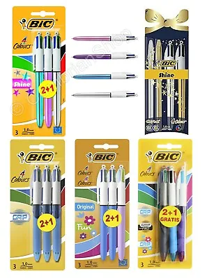 £5.99 • Buy BIC 4 Multi Colour Shine Grip Ballpoint Pen Blue Pink Silver Purple Gold 3 Pack