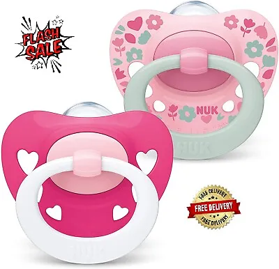 £5.79 • Buy BABY Dummy SOOTHER 6-18 Months BPA-Free Pink Heart Pack Of 2 Count NUK FREE Post