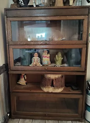 Vintage 1920-1940 Wooden And Glass 4-Shelf Barrister Bookcase Or Display Cabinet • $400