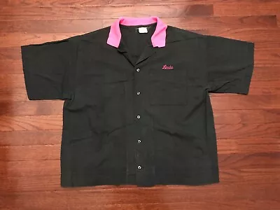 VINTAGE WOMENS 1970's KING LOUIE BOWLING SHIRT LADIES LARGE BLACK PINK LINDA E • $34.99