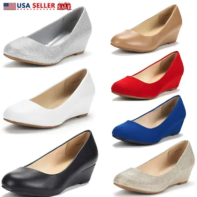 Womens Slip On Pump Shoes Low Wedge Heel Round Toe Comfort Work Dress Shoes • $27.99