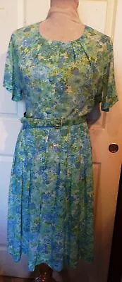 Vintage 40s 50s Blue Green Floral Sheer Nylon Dress B44 • $24.99