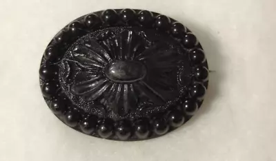 Antique Victorian Oval Mourning Pin Pressed Black Jet Glass Brooch • $29.99