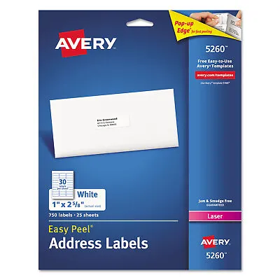 Avery Easy Peel Mailing Address Labels Laser 1 X 2 5/8 White 750/Pack 5260 • $14.24