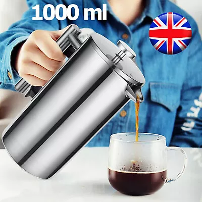 1000ML French Press Stainless Steel Coffee Tea Filter Maker Plunger Pitcher UK • £15.39