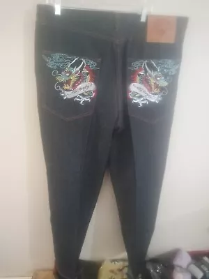 Men's Ed Hardy Jeans Dark Blue 42 X 32 NWOT Embroidered Dragons Y2K • $11.50