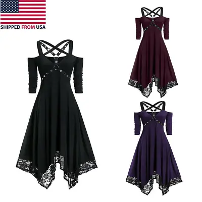 Women's Gothic Dress Steampunk Lace Costume Irregular Swing Strappy Medieval  • $15.99