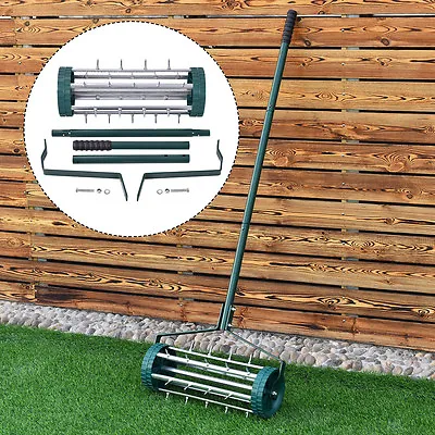 Heavy Duty Rolling Grass Lawn Garden Aerator Steel Spike Roller Aluminum Handle • £33.95
