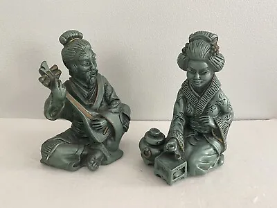 MCM Universal Statuary Corp Asian Couple Chalkware Green Figures 1962 Set Of 2 • $58.33