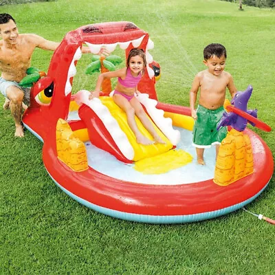 Intex Happy Dino Inflatable Pool Play Center With Slide Paddling Water Dinosaur • £39.99