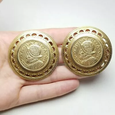 Vintage Vn Balboa Coin Earrings Huge Gold Tone Clip On 80s 90s Statement • $28