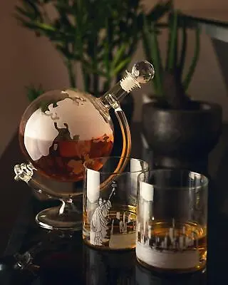 Glass Globe Decanter Kitchen Drinks Holder Whisky Brandy Tumblers Glasses World • £39.99
