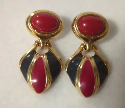 MONET 1980s Clip Earrings In Gold Tone Brick Red And Black Enamel • $21