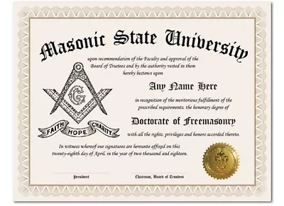 Masonic State University Freemason Personalized Diploma W/Gold Seal Novelty Gift • £12.34