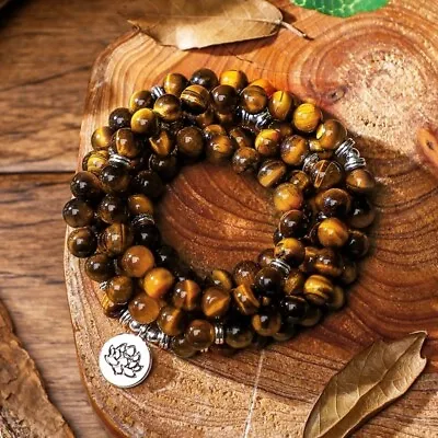 Tiger's Eye 108 Mala Bead Prayer Lotus Healing Meditation Necklace Bracelet Gift • $14.98