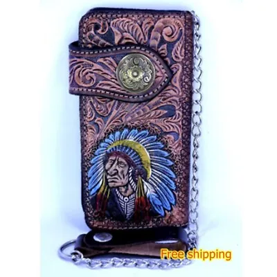 Men's Wallet Genuine Leather Vintage Style Free Braided Chain Biker Rocker • $61