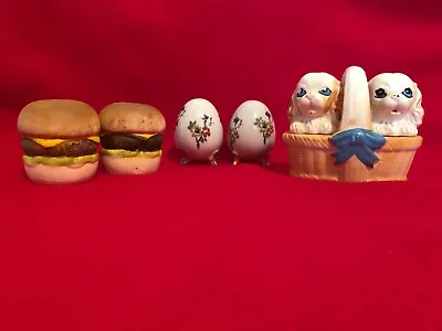 Vintage Salt/pepper Shakers Lot -Cheeseburger Enesco Egg And Puppies In Basket • $10