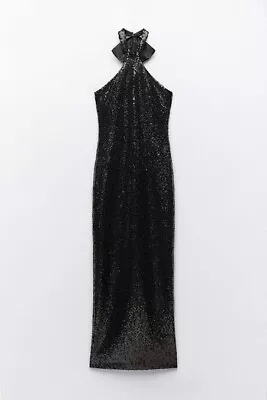 Zara BLACK HALTER NECK Sequin Women’s Midi Dress EXTRA SMALL New NWT Clothes XS • $50