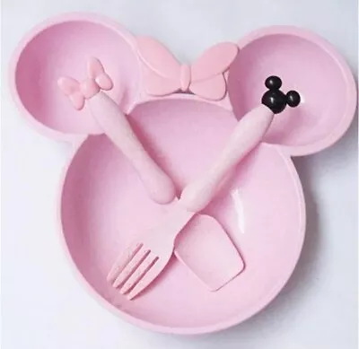 3 Pcs Baby Toddler Feeding Bowl Spoon Fork Dish Disney Mickey Minnie Mouse Set • £9.99