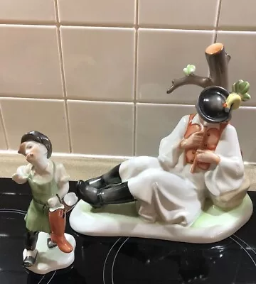 2 X Vintage Zsolnay Hungarian Porcelain Figures. Man Playing Flute & Small Boy • $180