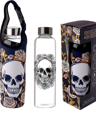 £8 • Buy  Skulls And Roses Glass Water Bottle With Sleeve 