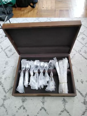 Stainless Flatware Set With Gold Trim - Set For 12 - 90 Pieces - Wood Box  • $59.99