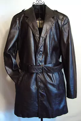 Vintage Men's Leather Coat Very Dark Brown 40 Mid-Length Belted • $45