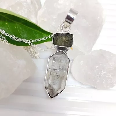 925 Solid Sterling Silver Natural Moldavite & Big Herkimer Diamond Pendant • $28.99