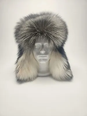 Men's Silver And White Fox Fur Trapper Hat.   Size XL  • $339