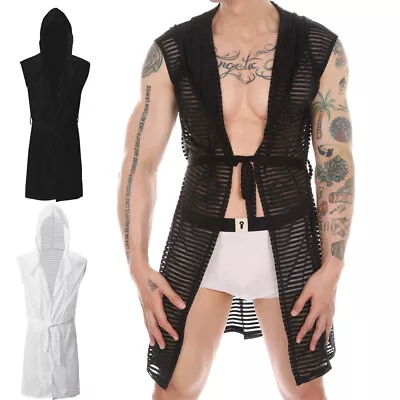 Men Sexy Striped Sleeveless Hooded Bathrobe Mesh Sheer Nightgown Sleepwear Robes • $18.11