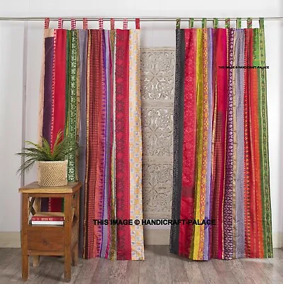 Indian Vintage Sari Patchwork Curtain Drape Window Decor Multi Silk Sari Curtain • £43.85