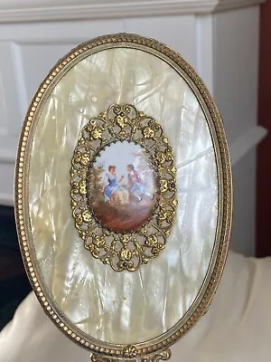 Vintage French Ornate Vanity Hand Mirror With Rare Victorian Couple Art • $99