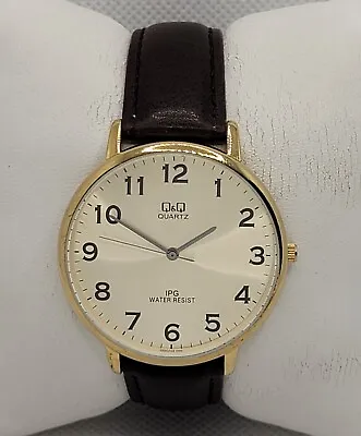 Mens QQ Dress Gold Tone Gold Dial Brown Leather Strap Analog Watch J7 • $24.99