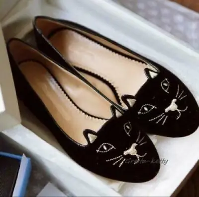 Hot Women Olympia Cat Velvet Flats Loafers Black Gold Heels Charlotte Shoes New • £9