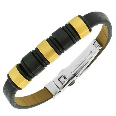 Stainless Steel Black Leather White Yellow Gold Silver Tone Mens Bracelet • $17.99