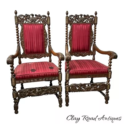 1880s Gothic Baroque Throne Chairs Pair Carved Eagle Cherubs Jacobean • $650