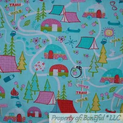 BonEful FABRIC FQ Cotton Quilt VTG Aqua Blue Rainbow Camp Scenic Tent RV Trailer • $5.51