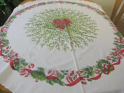 Vintage Oval Almost Round Cotton Christmas Tablecloth Bells Wreaths Ornaments • $24