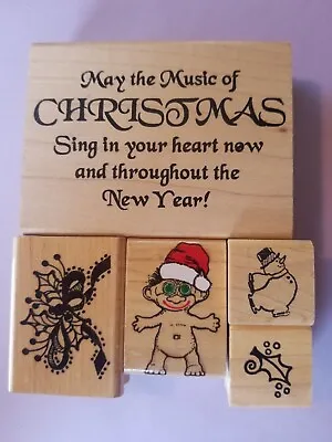 5 Christmas Troll Holly Snowman Music Rubber Wood Mounted Stamps #41 • $22