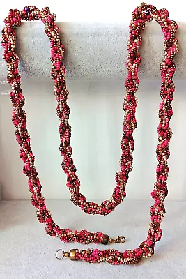  MA16 --fab Multi-row Chunky Twisty Pink Copper & Gold Glass Beads Long Necklace • £12