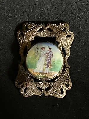 Antique Brooch With Porcelain Center- Hand Painted Accents 19th C  • $50