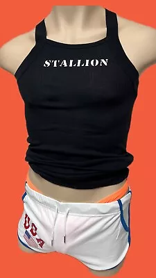 H.E.Arts STALLION Logo Custom Print Mens BLACK Square Cut Cotton Rib Tank Top • $23.40