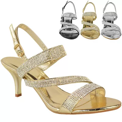 Womens Diamante Wedding Sandals Mid Heel Prom Bridal Comfy Glitter Shoes Size   • £9.99