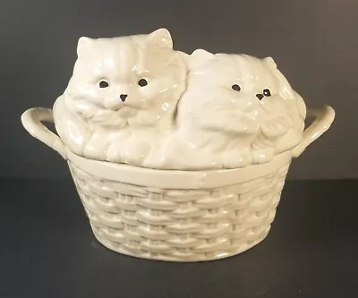 Vintage Mcm Alberta Mold Kittens Basket Cookie Jar White Kitty Cats Kitsch Retro • $62.44