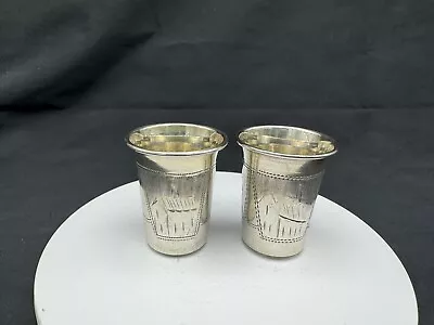 Lot Of 2 ANTIQUE RUSSIAN 84 SILVER SHOT GLASSES HAND ENGRAVED 25 Grams • $79.99