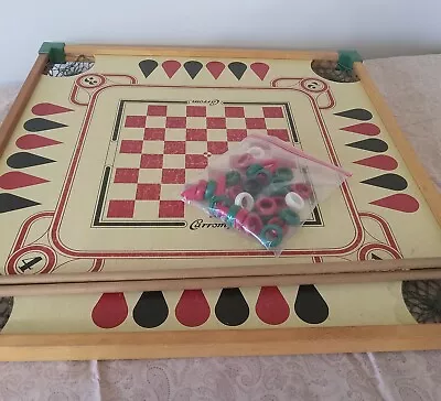 Vintage 26” 1970s Carrom Game Board Many Pieces Wood 2 Sided Board Game • $45